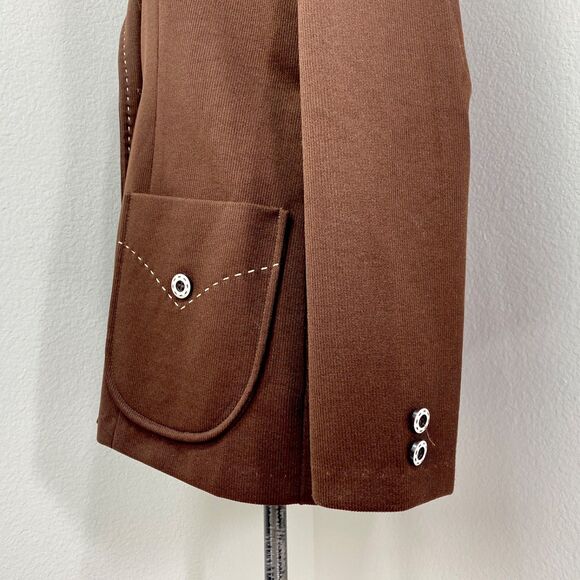 Vintage Chocolate Brown Double Polyester Jacket Blazer Med Unlined Wide Lapel - Picture 10 of 13
